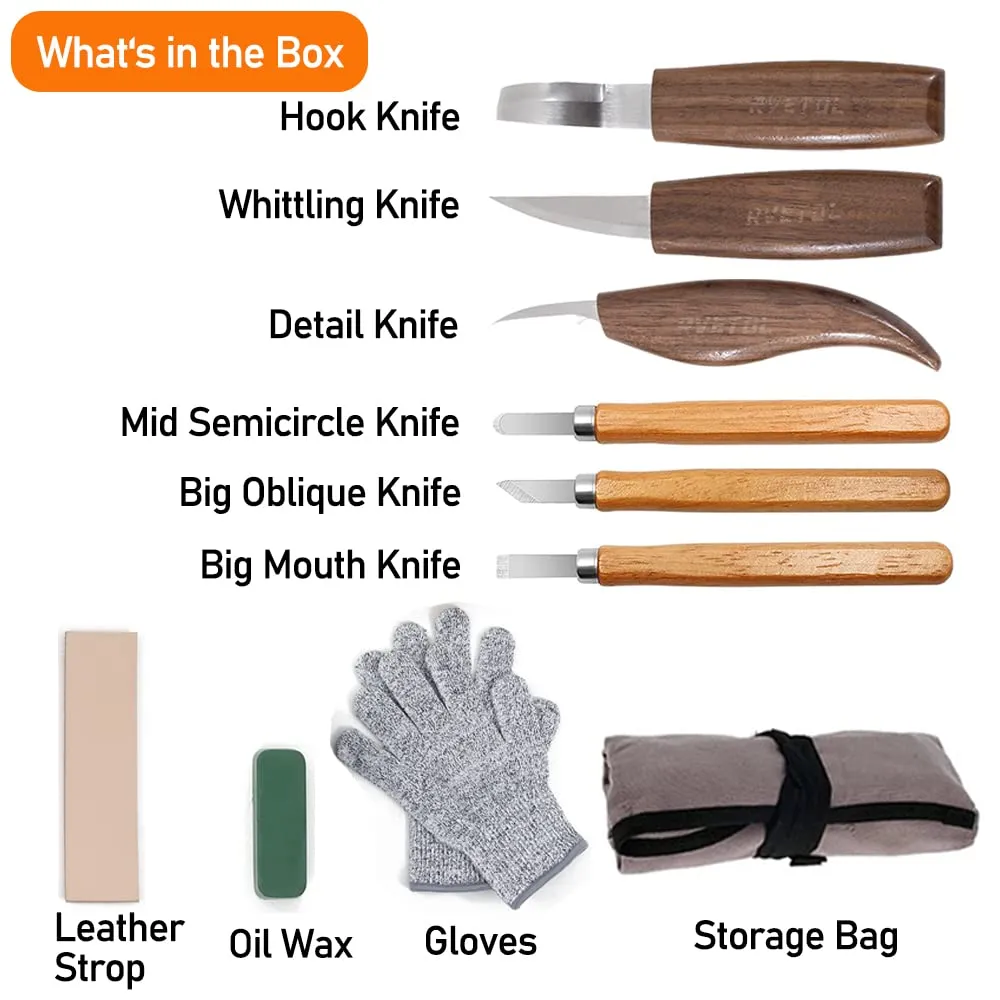 10Pcs Wood Carving Knife Set Beginner Kit, Convenient Tools Set Cut Resistant Gloves Spoon Carving Hook Knife, Wood Carving Whittling Knife, Chip Carving Detail Knife Sandpaper for Woodworking