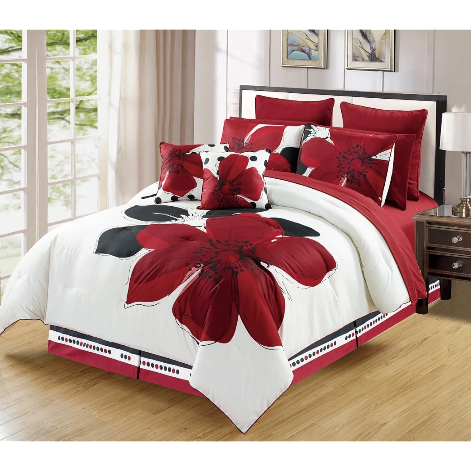 12 - Piece Burgundy Red Black White Floral Bed-In-A-Bag (Double) Full Size Bed