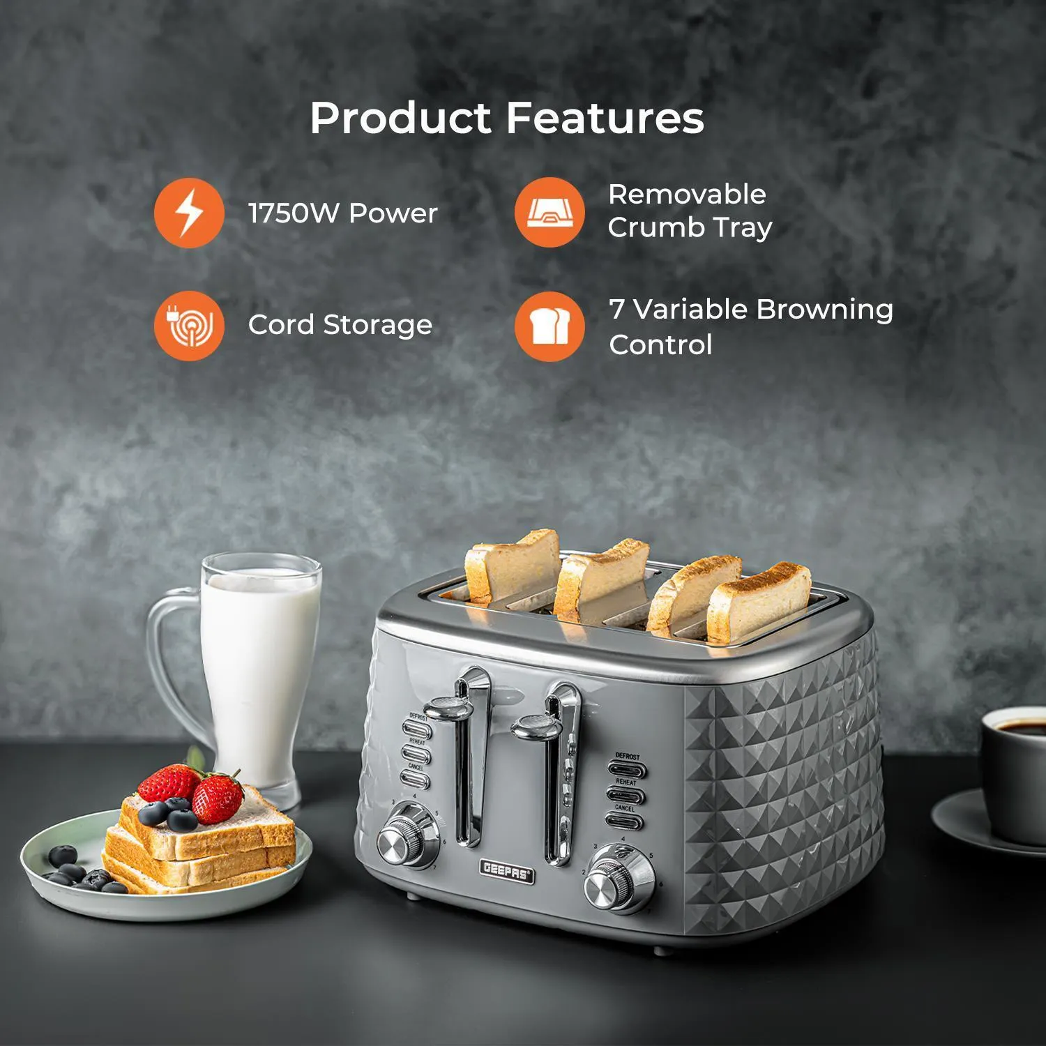 2200W 1.7L Rapid Boil Kettle and Toaster Set In Grey