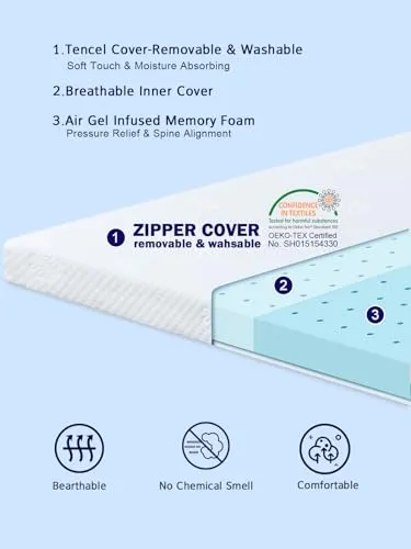 3 Inch Memory Foam Mattress Topper Queen Size, Gel Memory Foam Bed Topper for Back Pain Relief, Cooling Mattress Pad Ergonomic Design