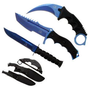 3 PCS Blue Set. 7 1/2" & 8 1/2" Tacital Knife, 7 1/2" Karambit ,