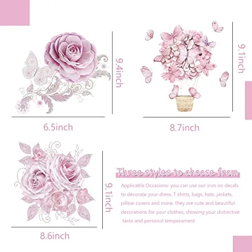 3 Pcs Flower Iron On Patches for Clothing Butterfly Iron on Transfers Pink Rose Flowers Iron On Decals for Clothes T-Shirts Jeans Jackets Bags DIY Heat Transfer Patch Spring Summer Decoration