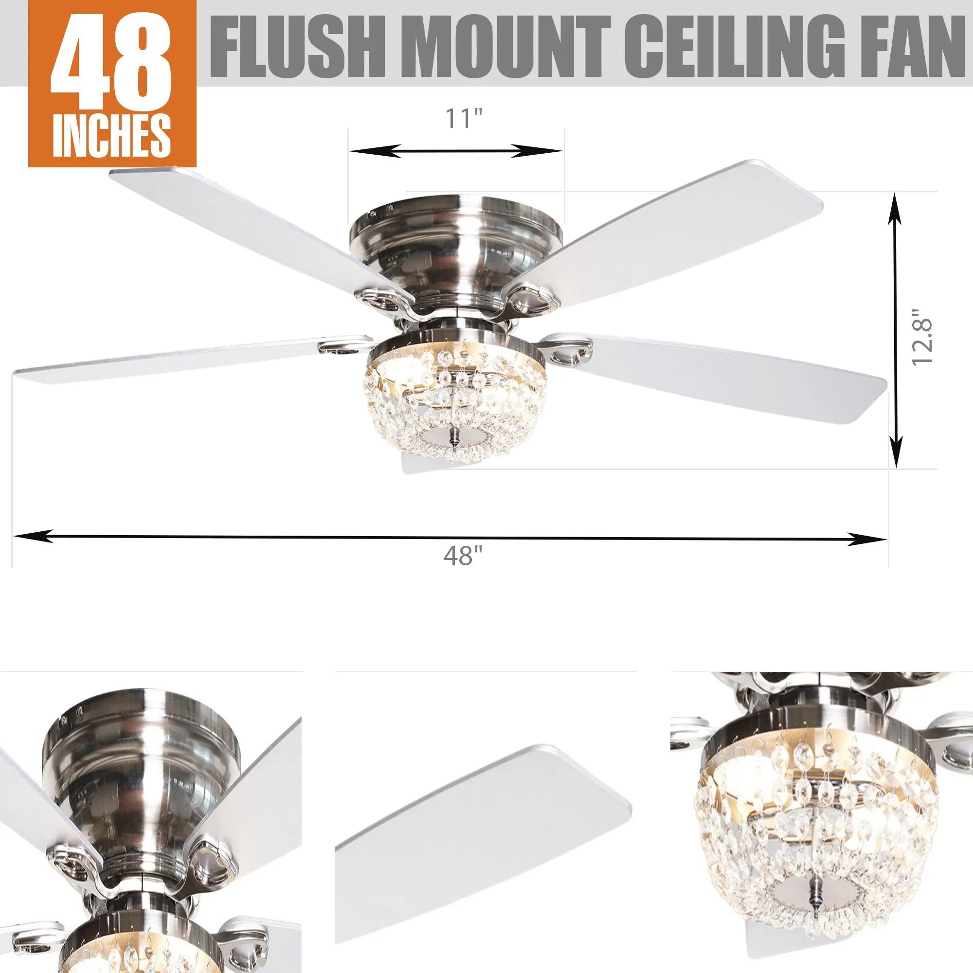 48" Modern Flush Mount Reversible Crytsal Ceiling Fan with Lighting and Remote Control