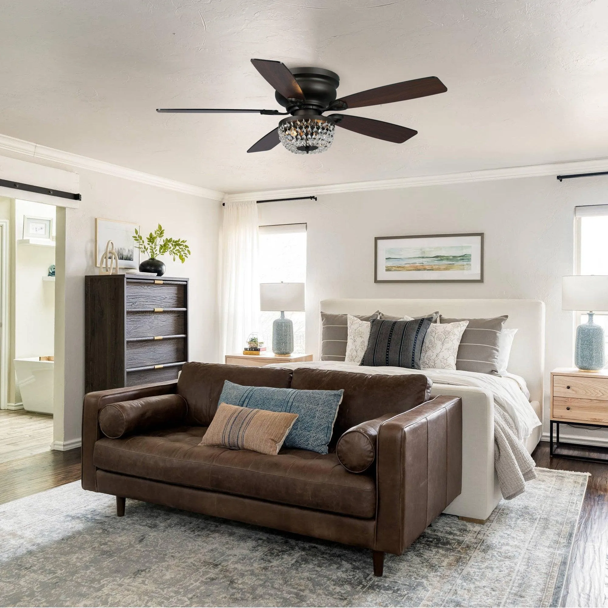 48" Modern Flush Mount Reversible Crytsal Ceiling Fan with Lighting and Remote Control