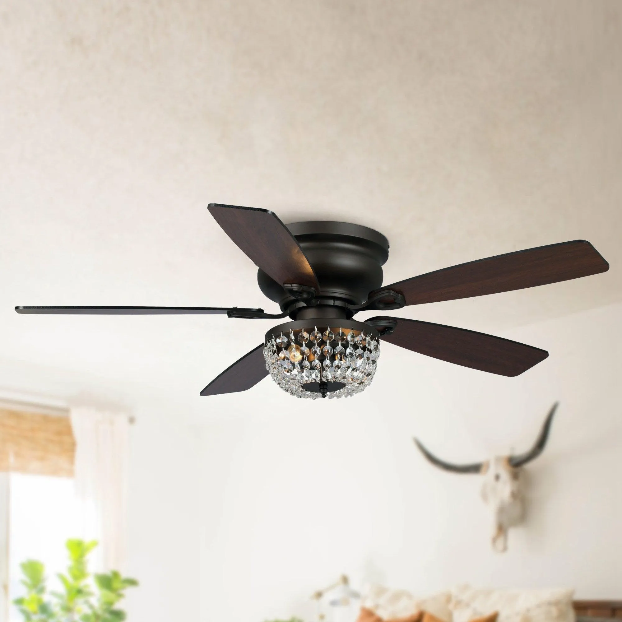 48" Modern Flush Mount Reversible Crytsal Ceiling Fan with Lighting and Remote Control