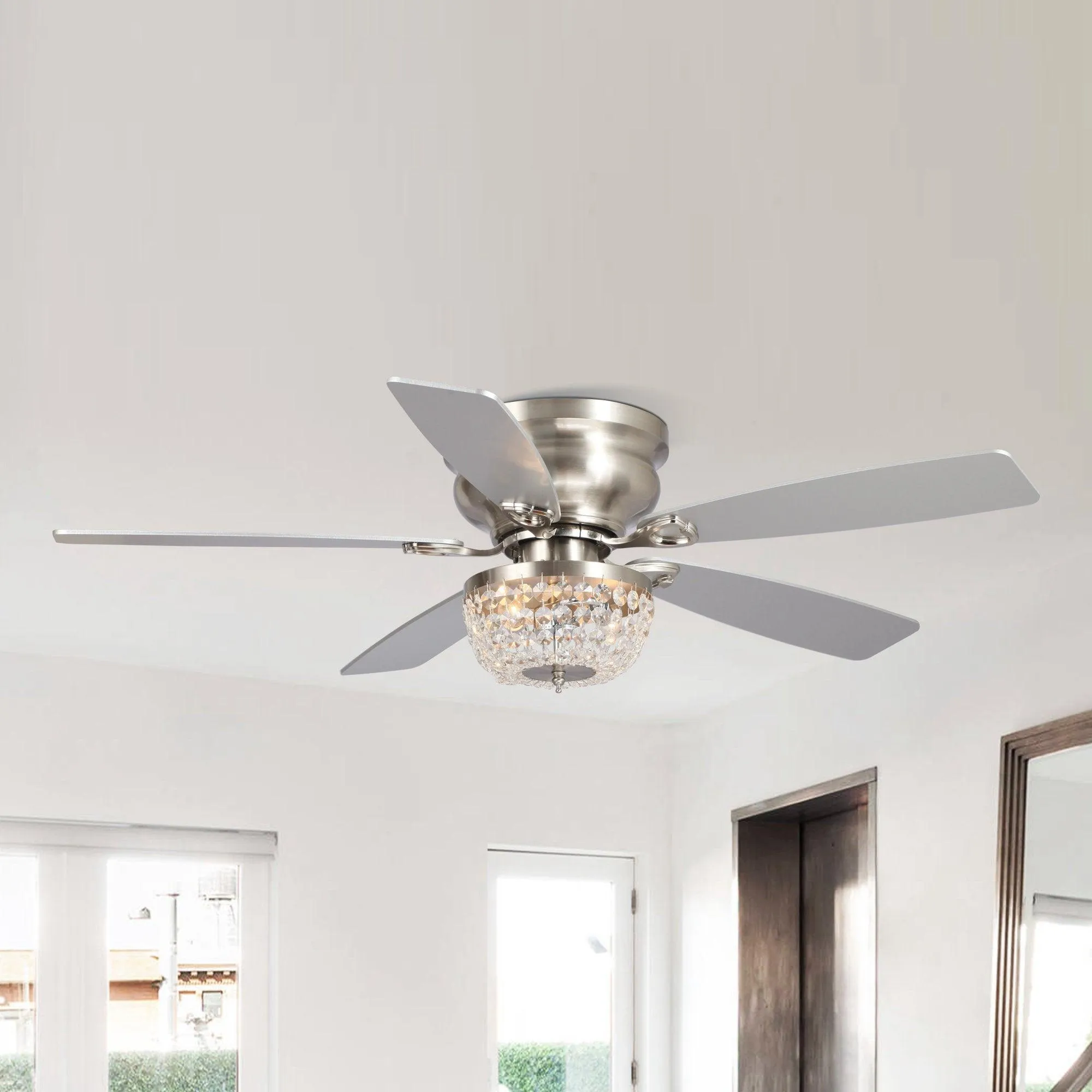 48" Modern Flush Mount Reversible Crytsal Ceiling Fan with Lighting and Remote Control