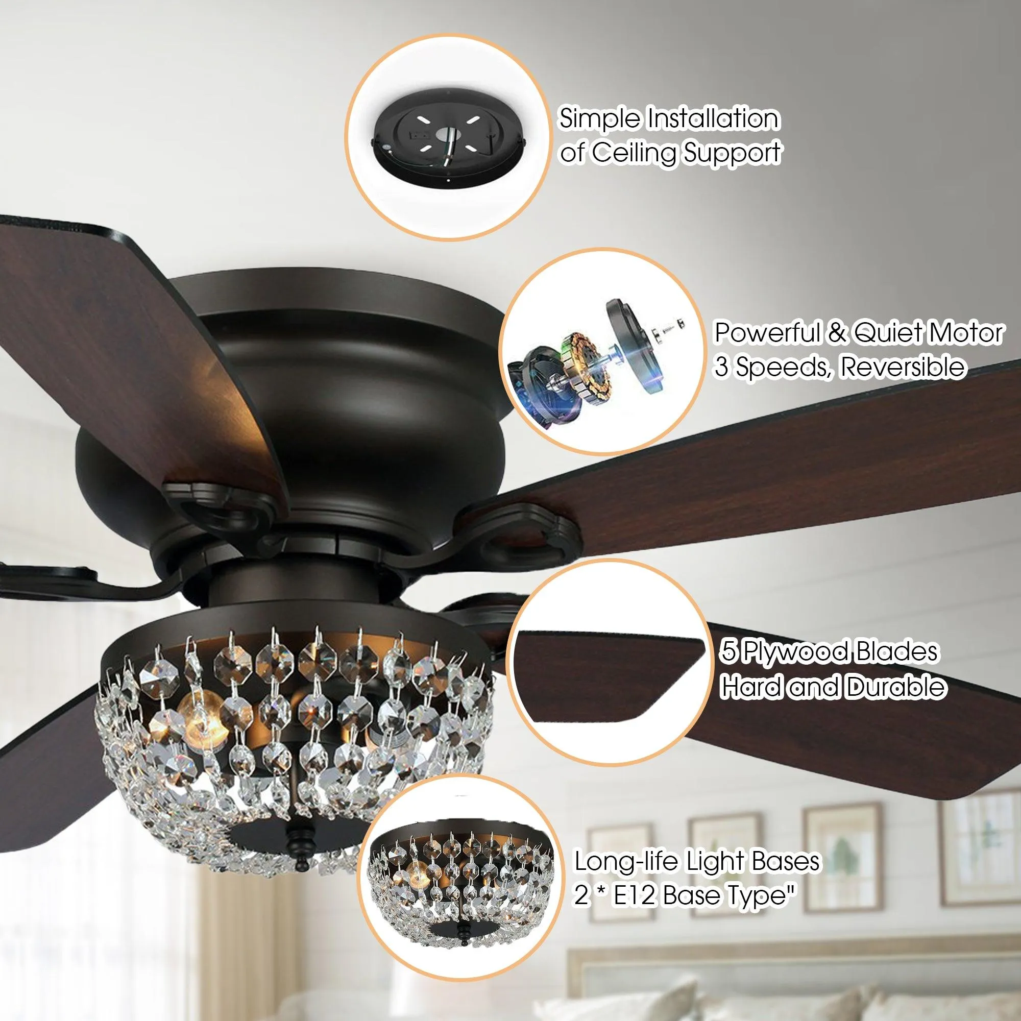 48" Modern Flush Mount Reversible Crytsal Ceiling Fan with Lighting and Remote Control