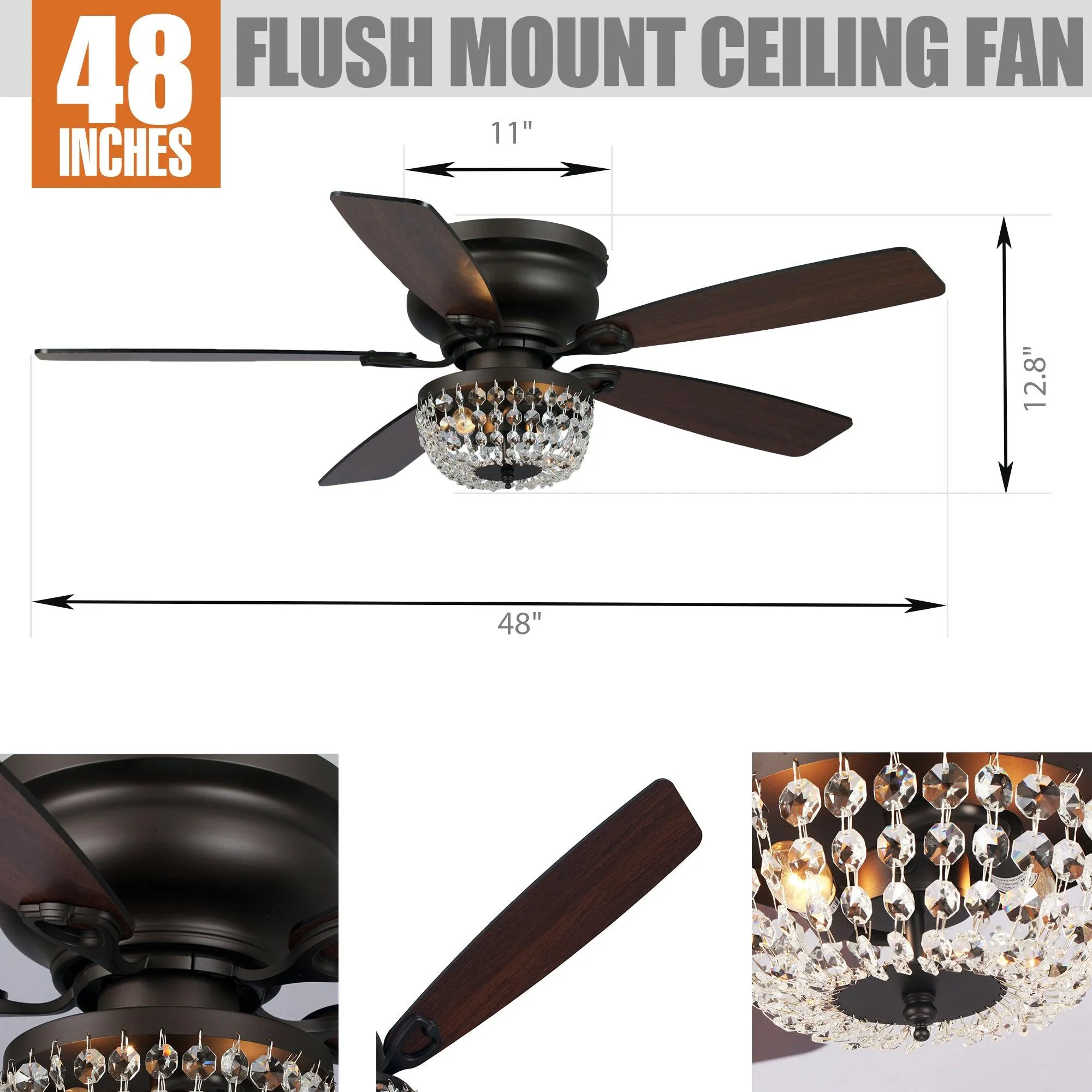 48" Modern Flush Mount Reversible Crytsal Ceiling Fan with Lighting and Remote Control