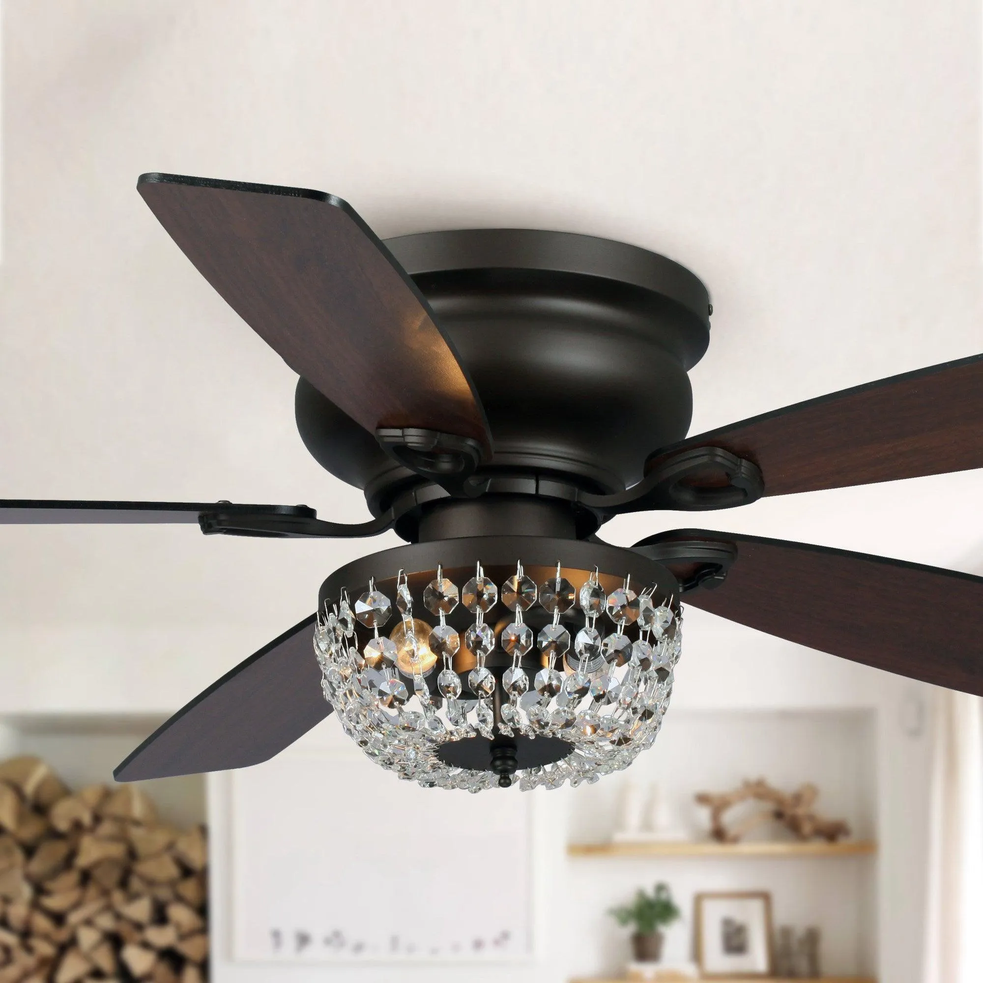 48" Modern Flush Mount Reversible Crytsal Ceiling Fan with Lighting and Remote Control