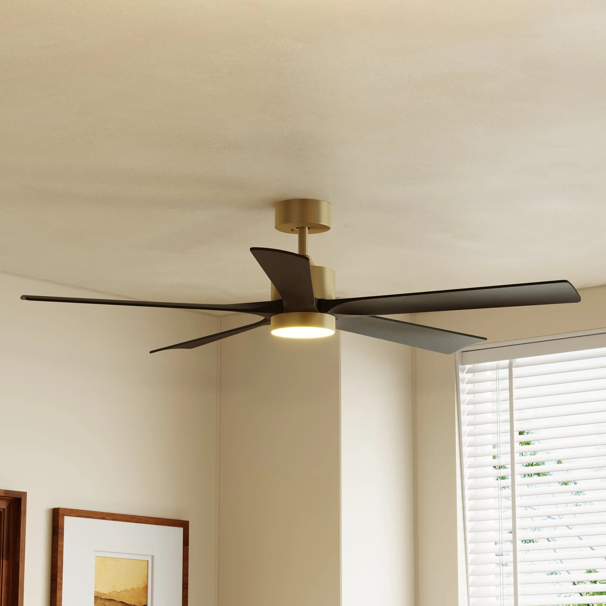 5-Blade Ceiling Fan with Black Wood Blades, LED Light, and Timer