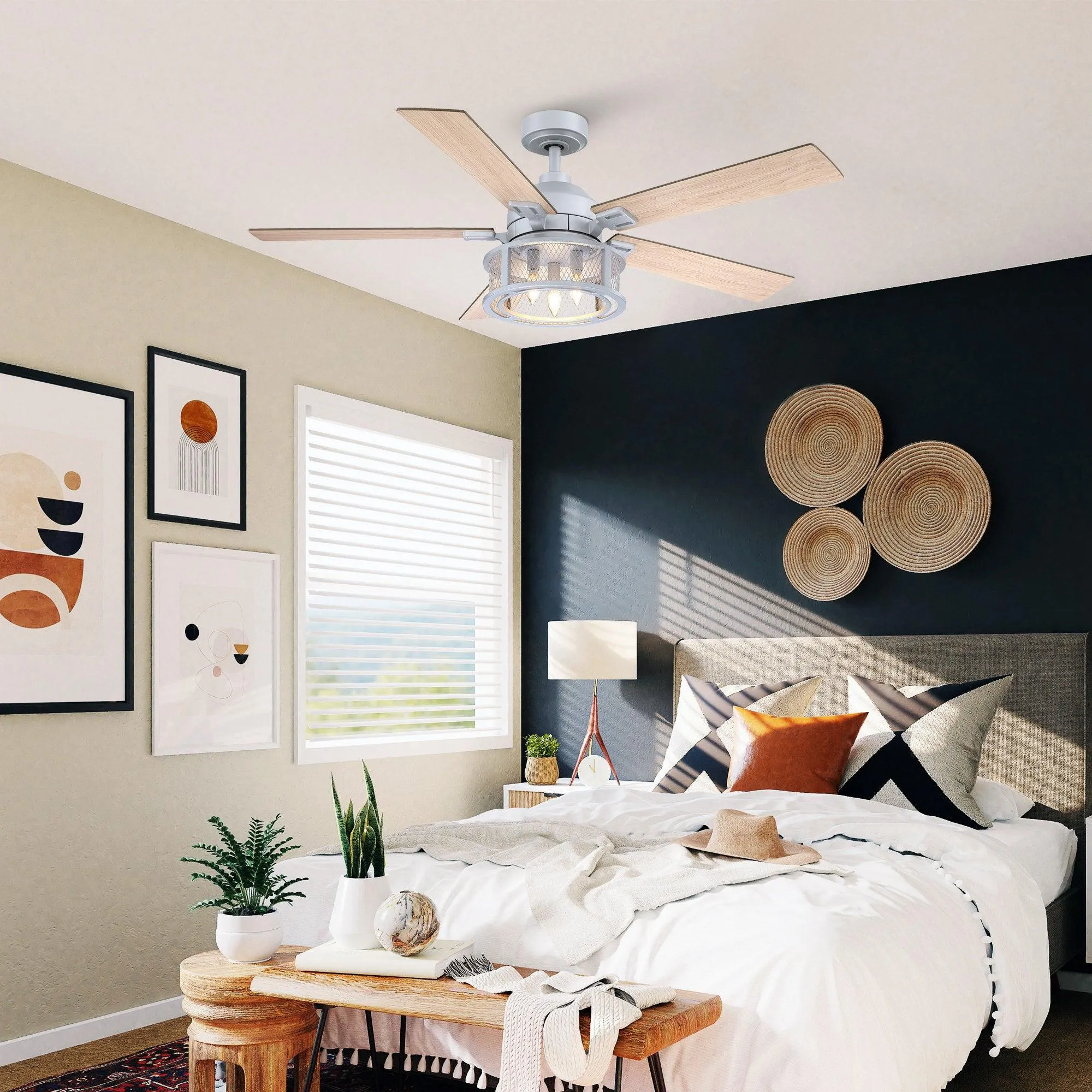 52" Lucknow Industrial Black Reversible Ceiling Fan with Lighting and Remote Control