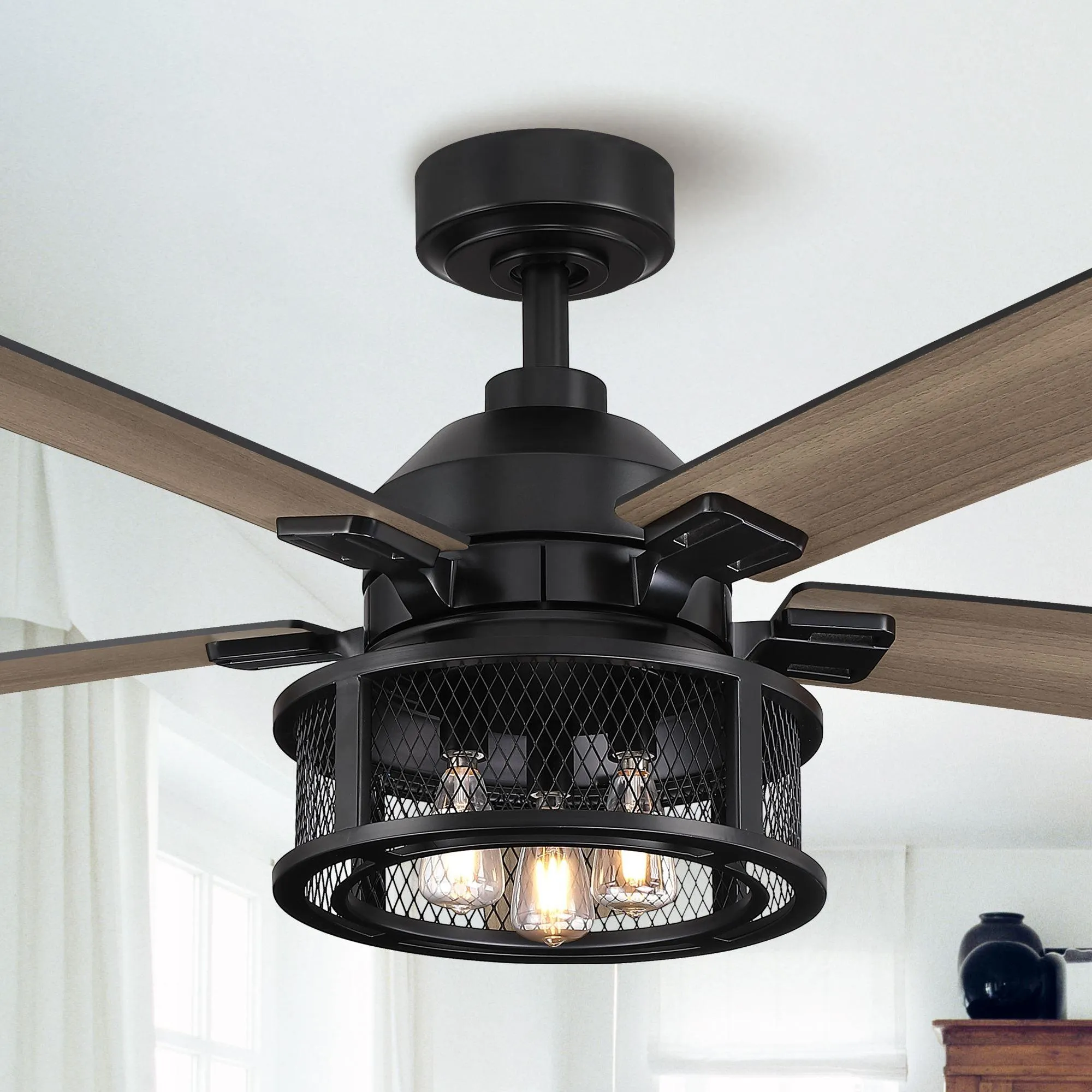 52" Lucknow Industrial Black Reversible Ceiling Fan with Lighting and Remote Control