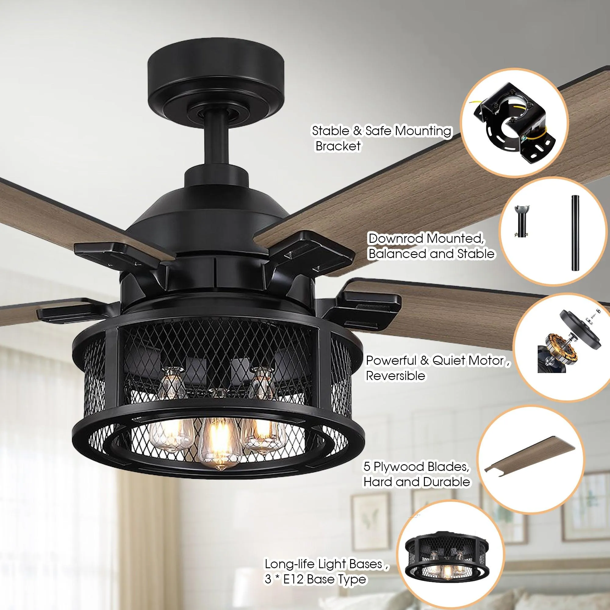 52" Lucknow Industrial Black Reversible Ceiling Fan with Lighting and Remote Control