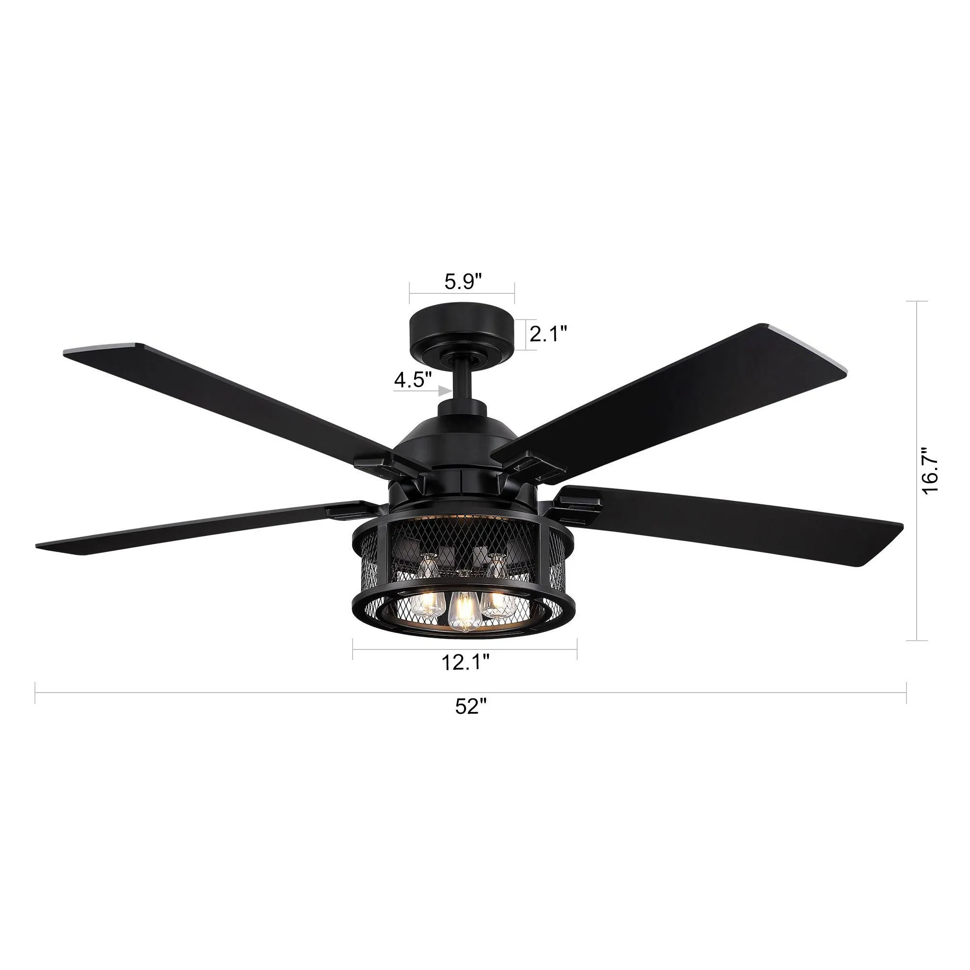 52" Lucknow Industrial Black Reversible Ceiling Fan with Lighting and Remote Control