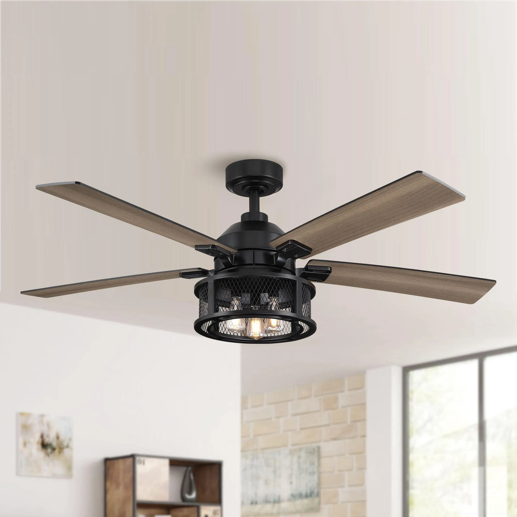 52" Lucknow Industrial Black Reversible Ceiling Fan with Lighting and Remote Control