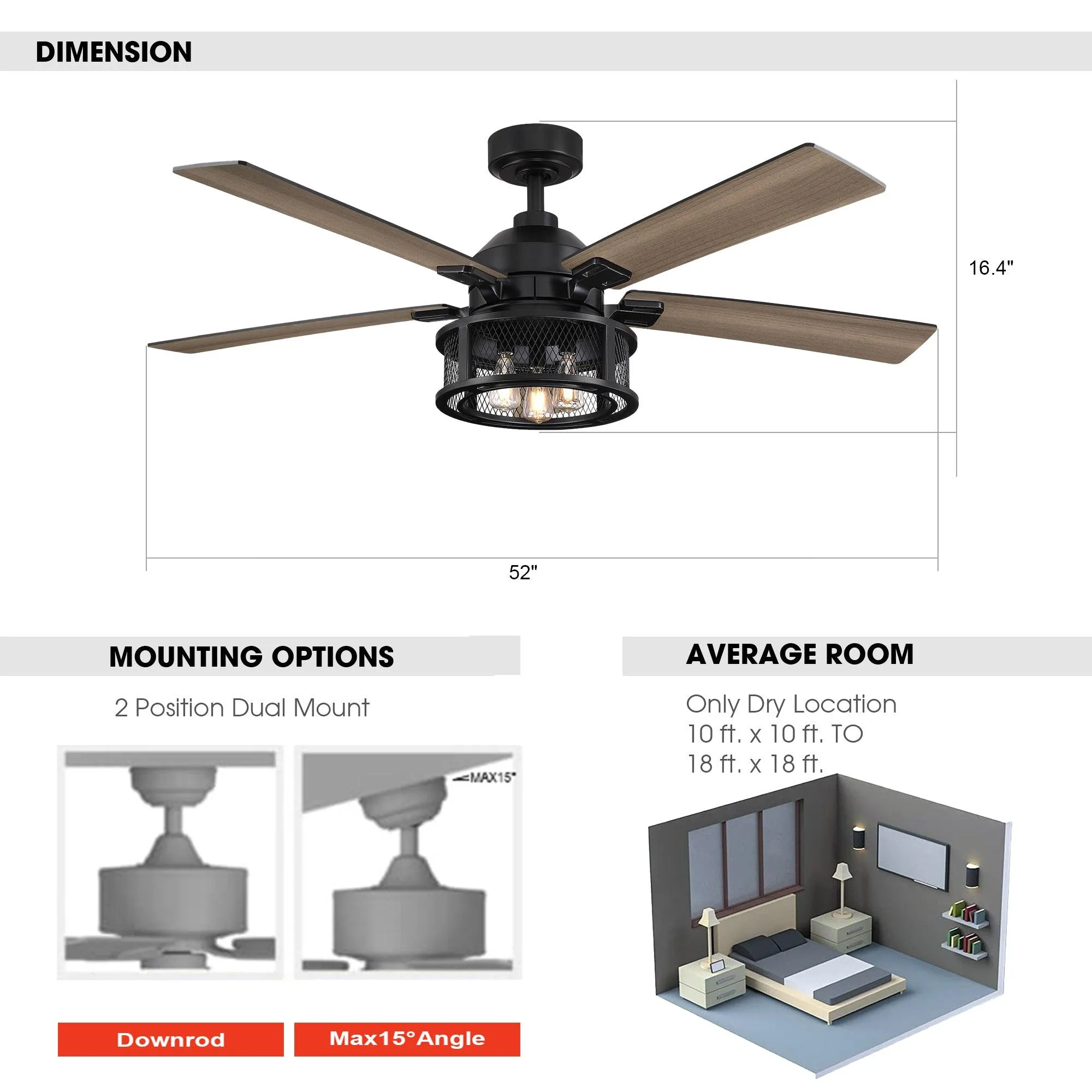 52" Lucknow Industrial Black Reversible Ceiling Fan with Lighting and Remote Control