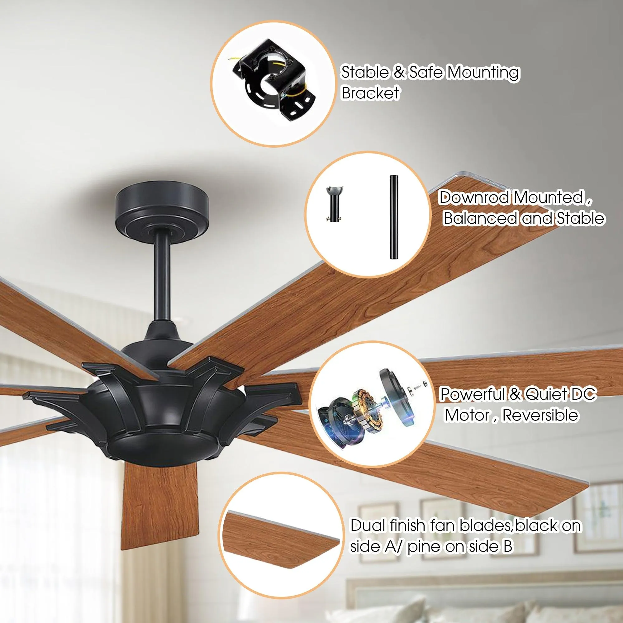 72" Farmhouse DC Motor Brushed Nickel Downrod Mount Reversible Ceiling Fan with Remote Control