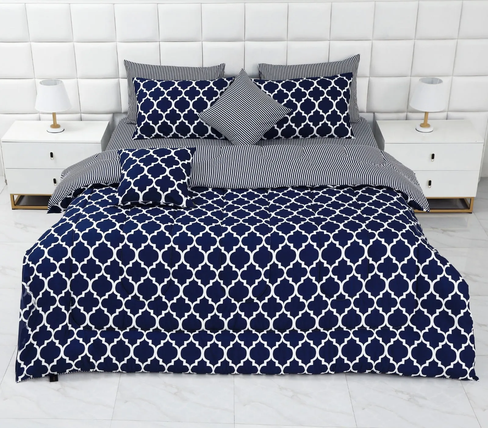 8 PCs Winter Comforter Set-Blue Geometric