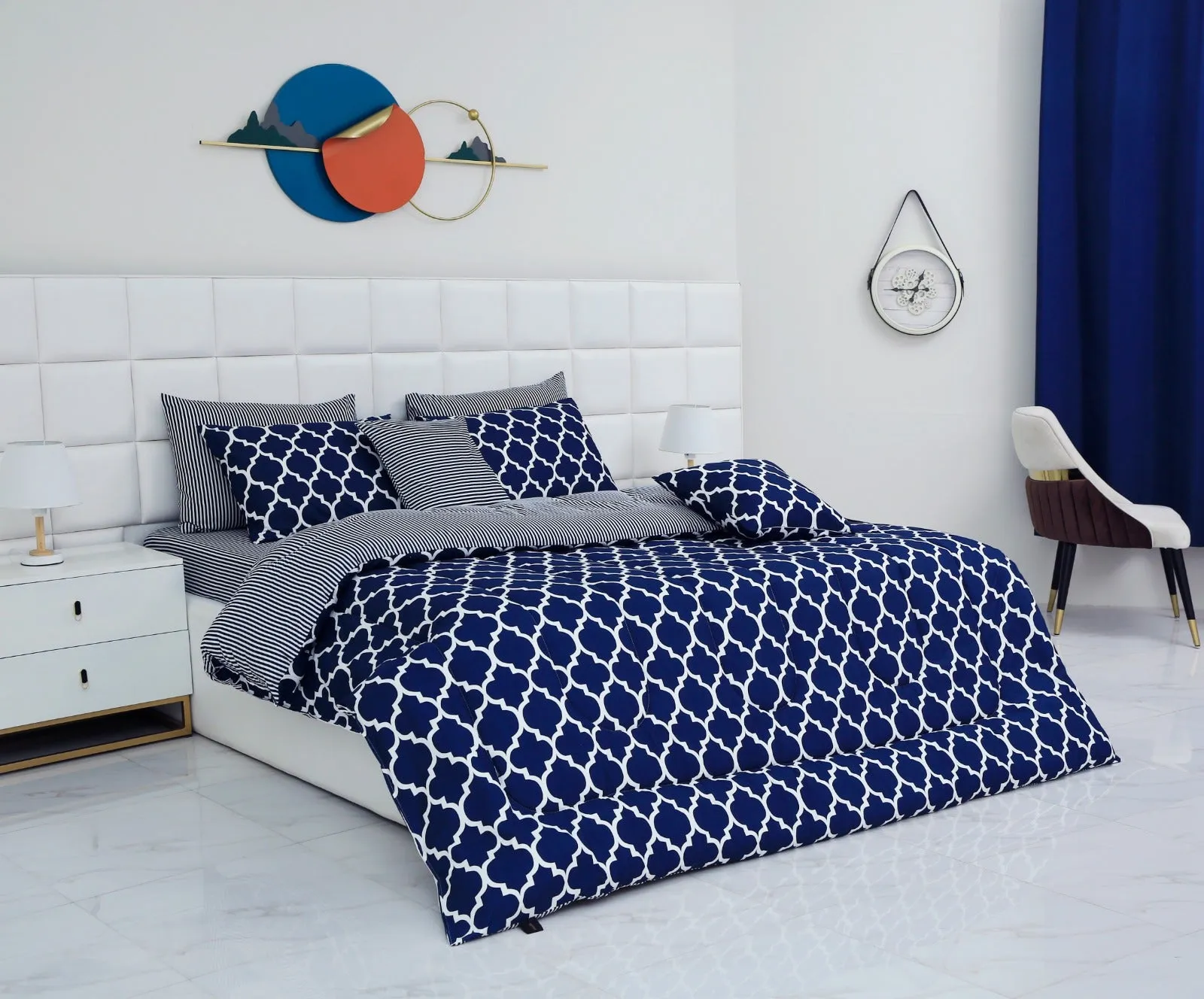 8 PCs Winter Comforter Set-Blue Geometric