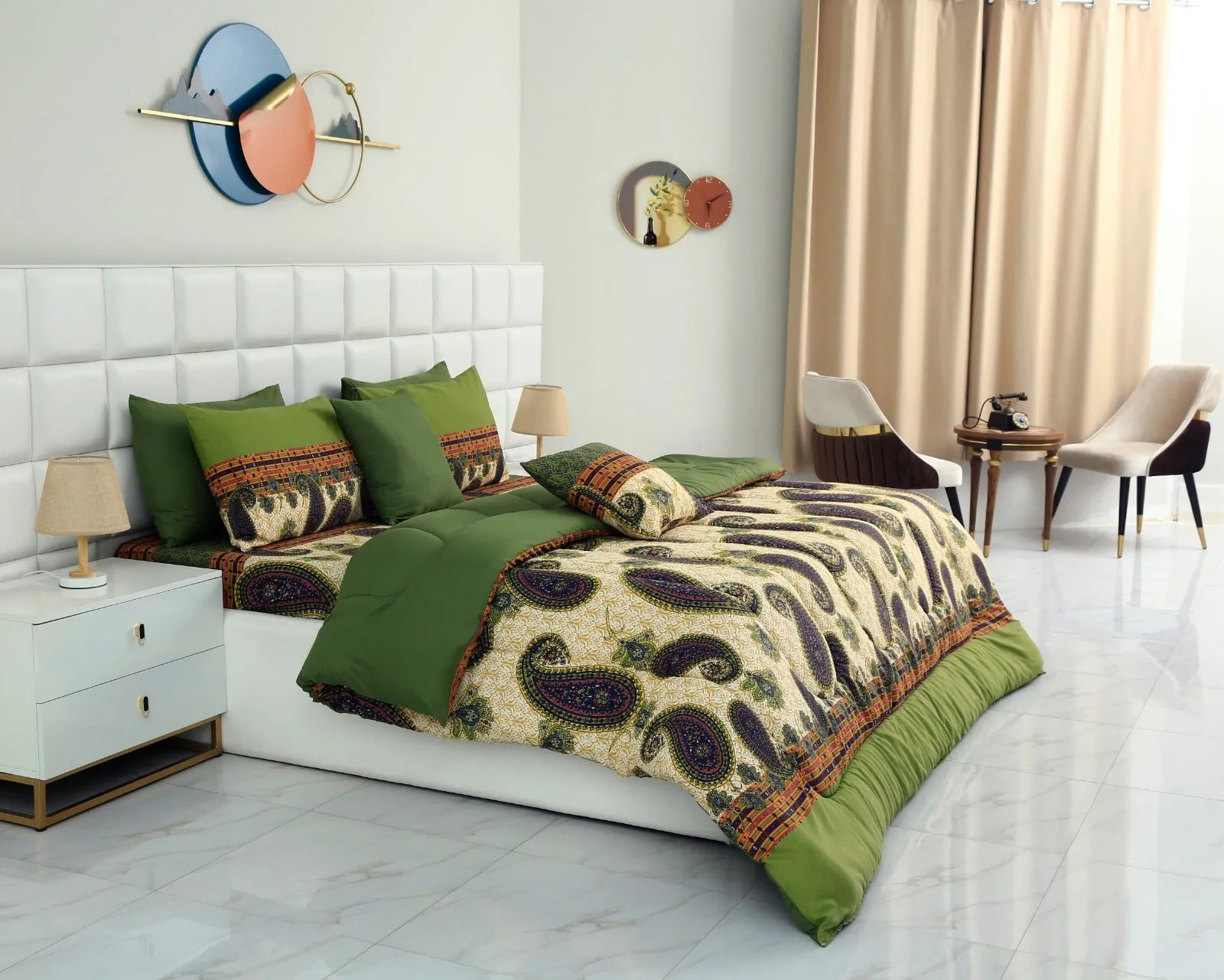 8 PCs Winter Comforter Set-Green Paisleys