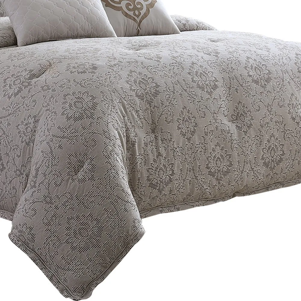 9 Piece Queen Cotton Comforter Set with Textured Floral Print, Gray By Casagear Home