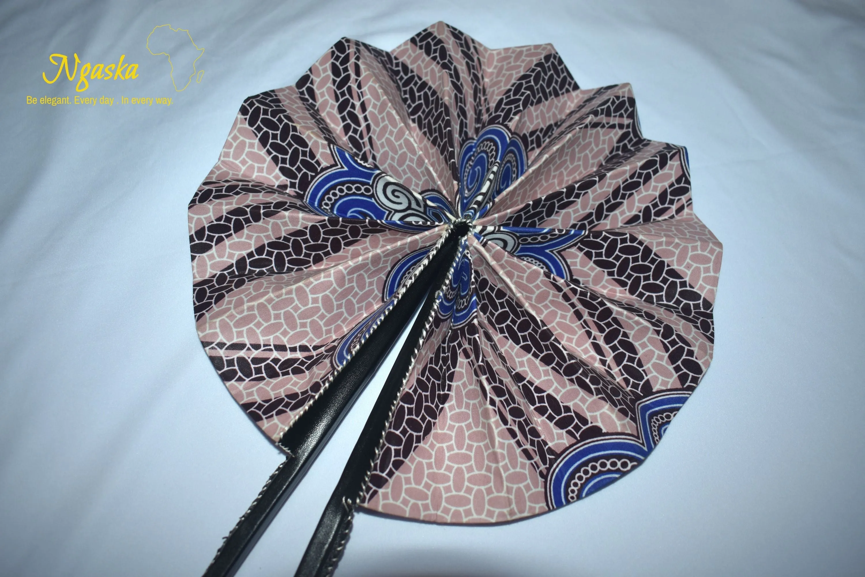 African Ankara Leather Handheld Fan, Baby Pink - FAN-29