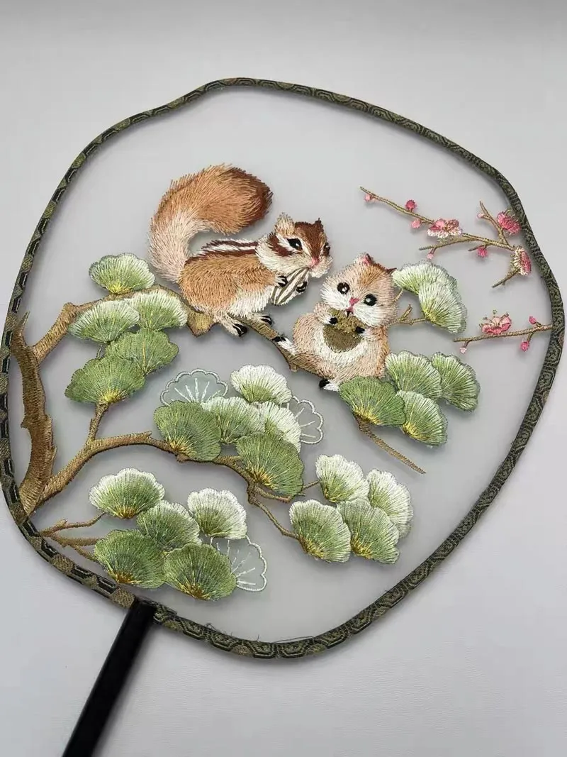 Ancient Chinese Landscape Painting - Grey Squirrels in Pine Tree Eating Pine Nuts Single Side Embroidered Handheld Decorative Fan Chinese Art