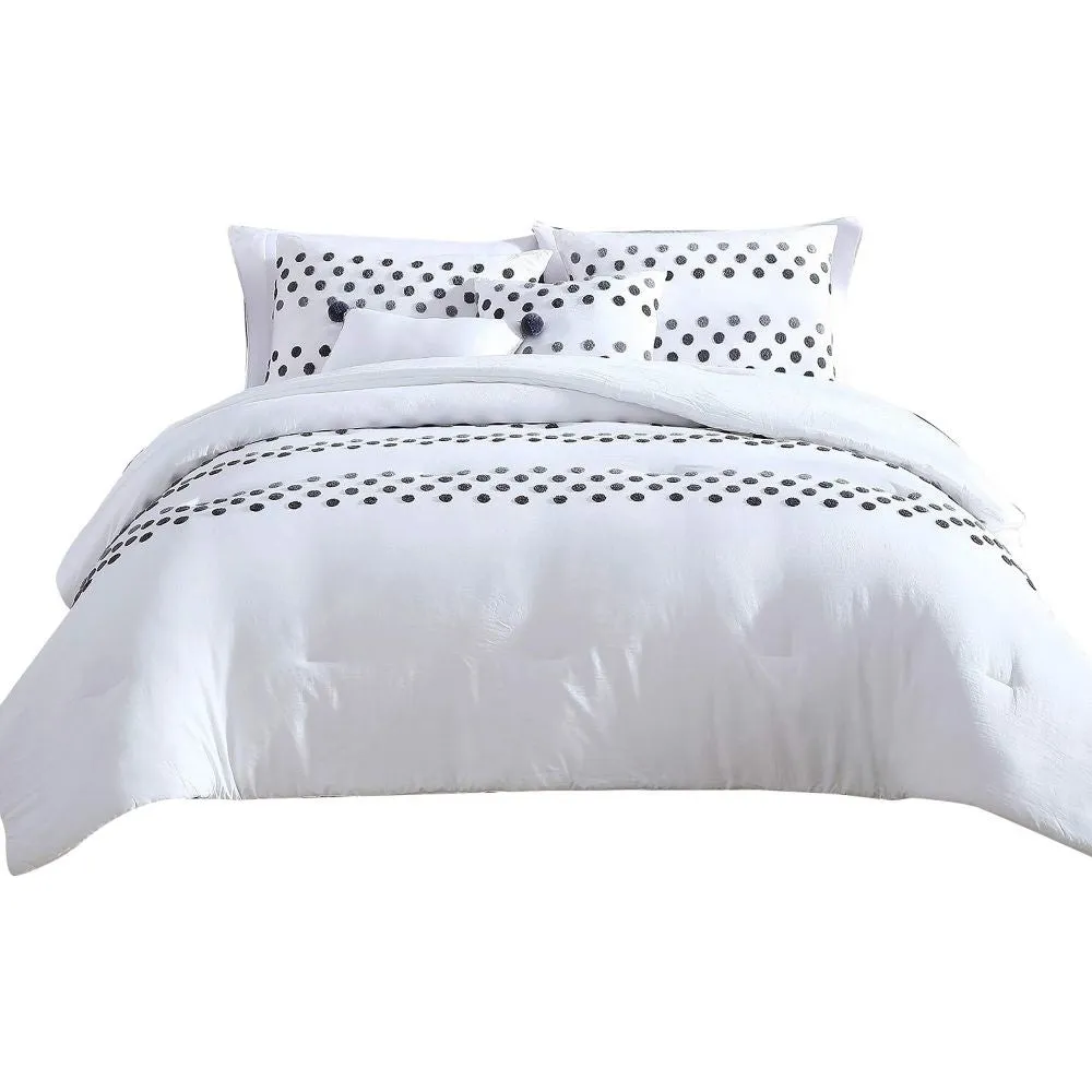 Ari 5 Piece Queen Comforter Set, Woven Dots, White, Gray By Casagear Home