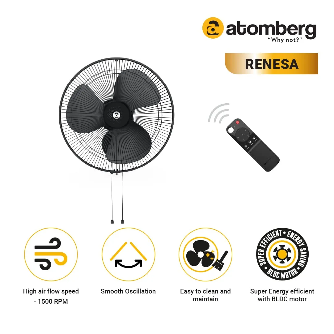 Atomberg Renesa 400 mm BLDC Motor with Remote 3 Blade Wall Fan Midnight Black