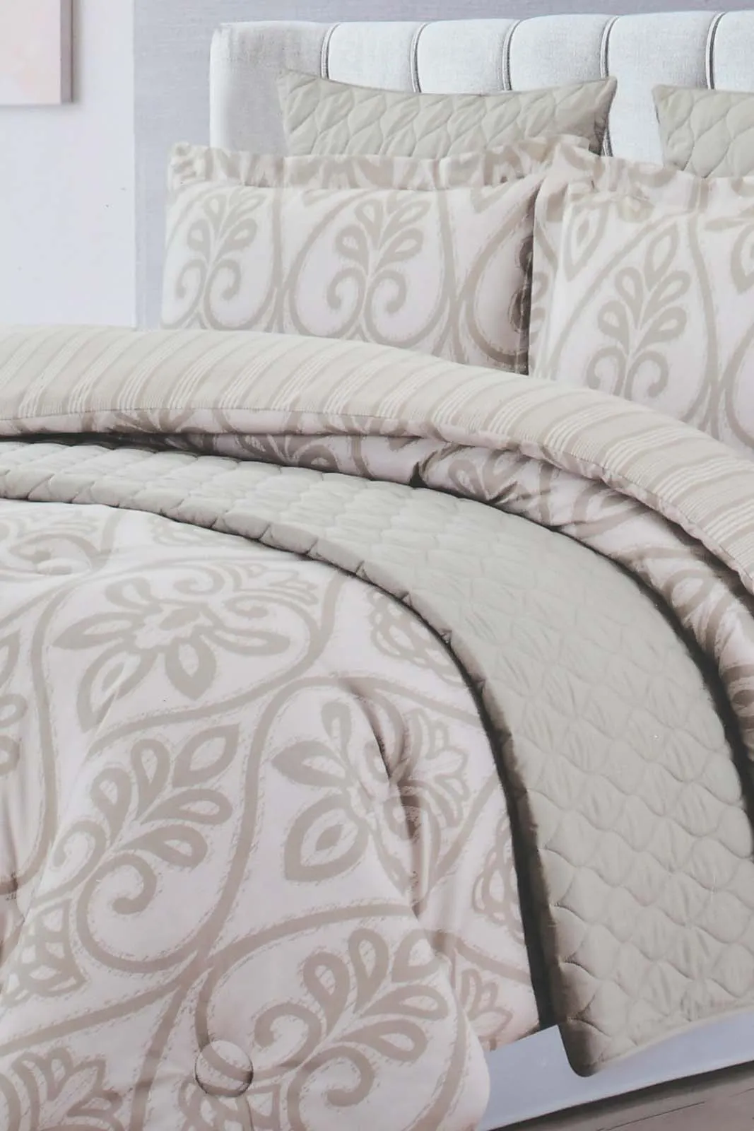 Beige Printed 6-Piece Comforter Set (Double Size)