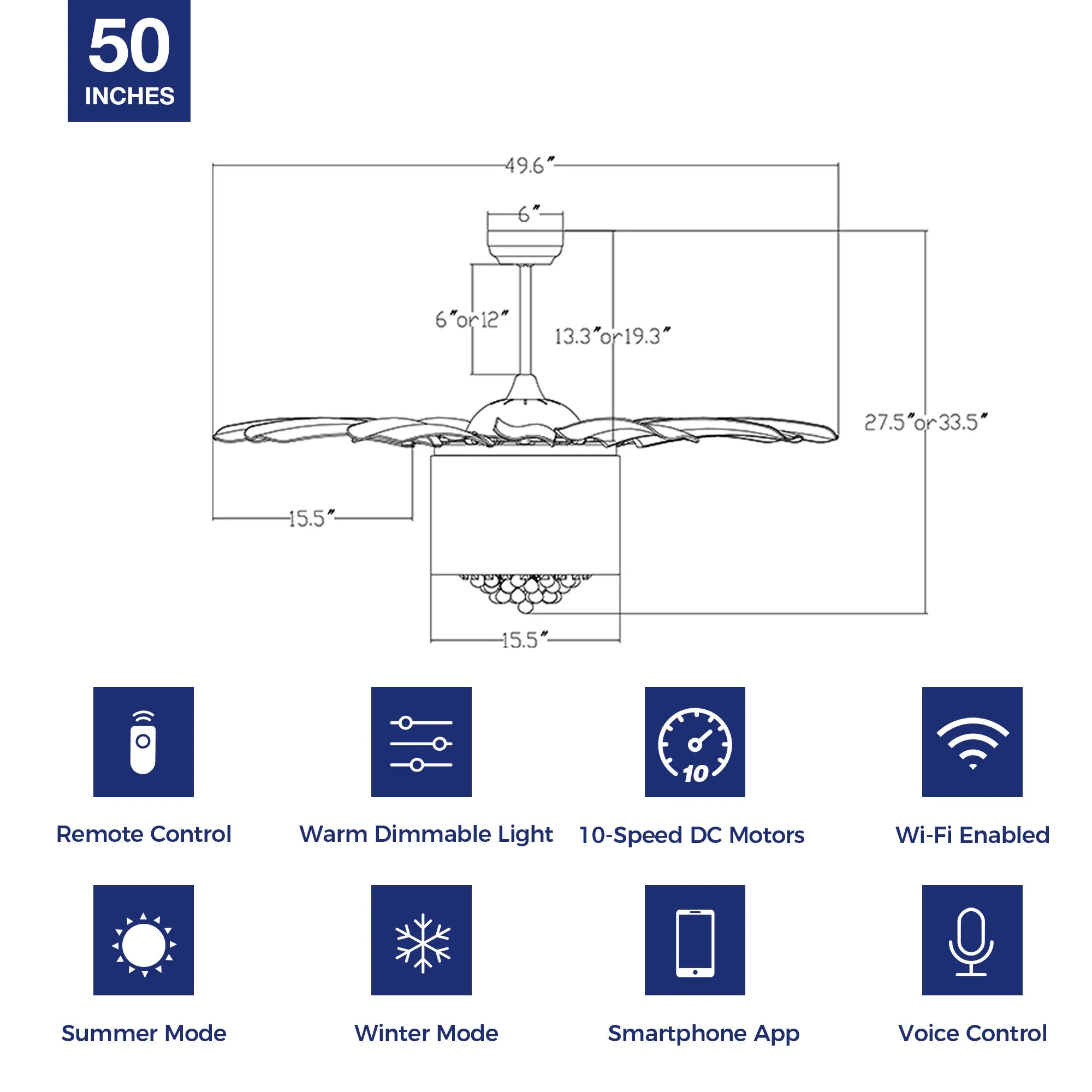 Blossom 50 inch Smart Crystal Chandelier Ceiling Fan with Light Remote