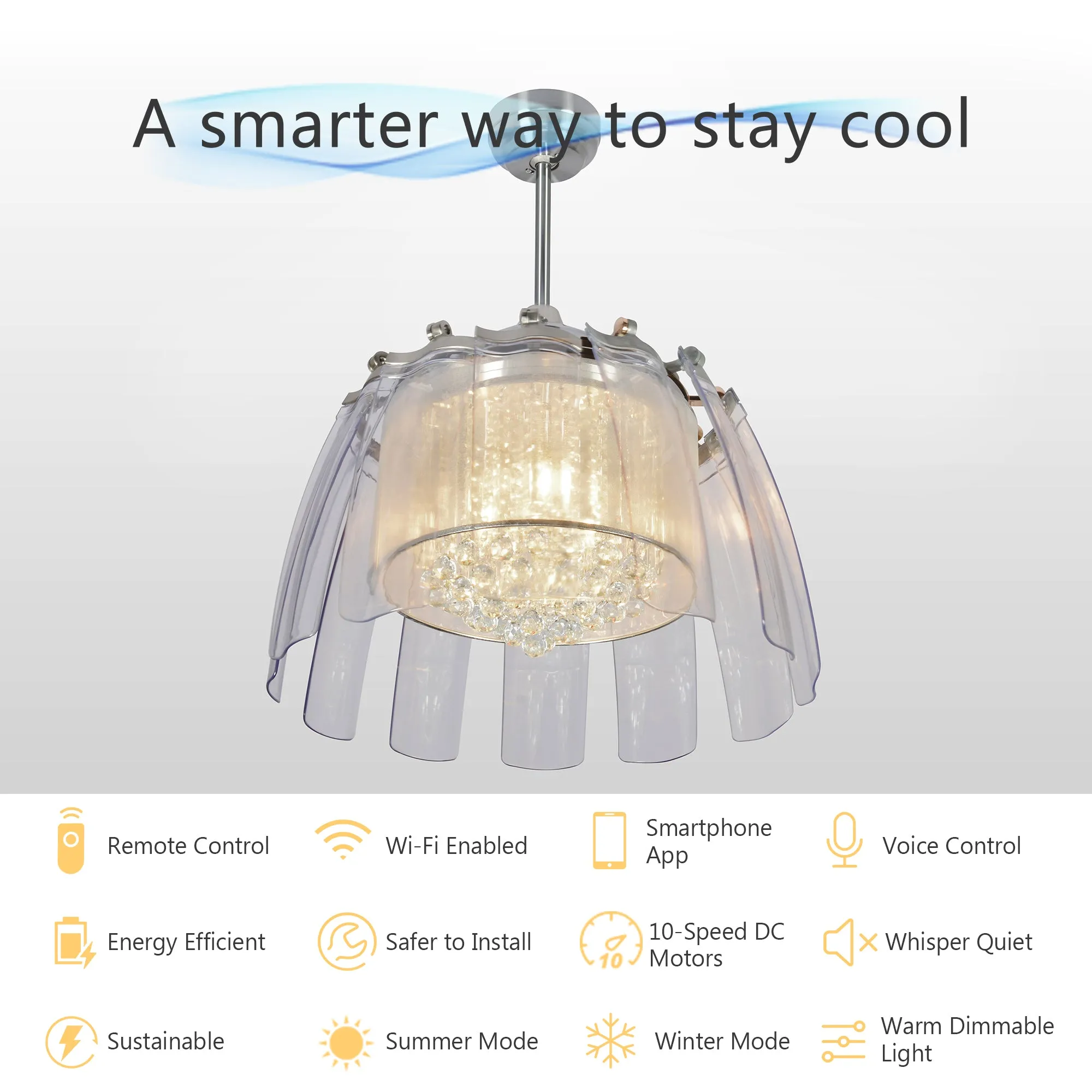 Blossom 50 inch Smart Crystal Chandelier Ceiling Fan with Light Remote