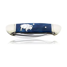 Blue Rough Rider 2 Blade Knife with Silver Buffalo Inlay