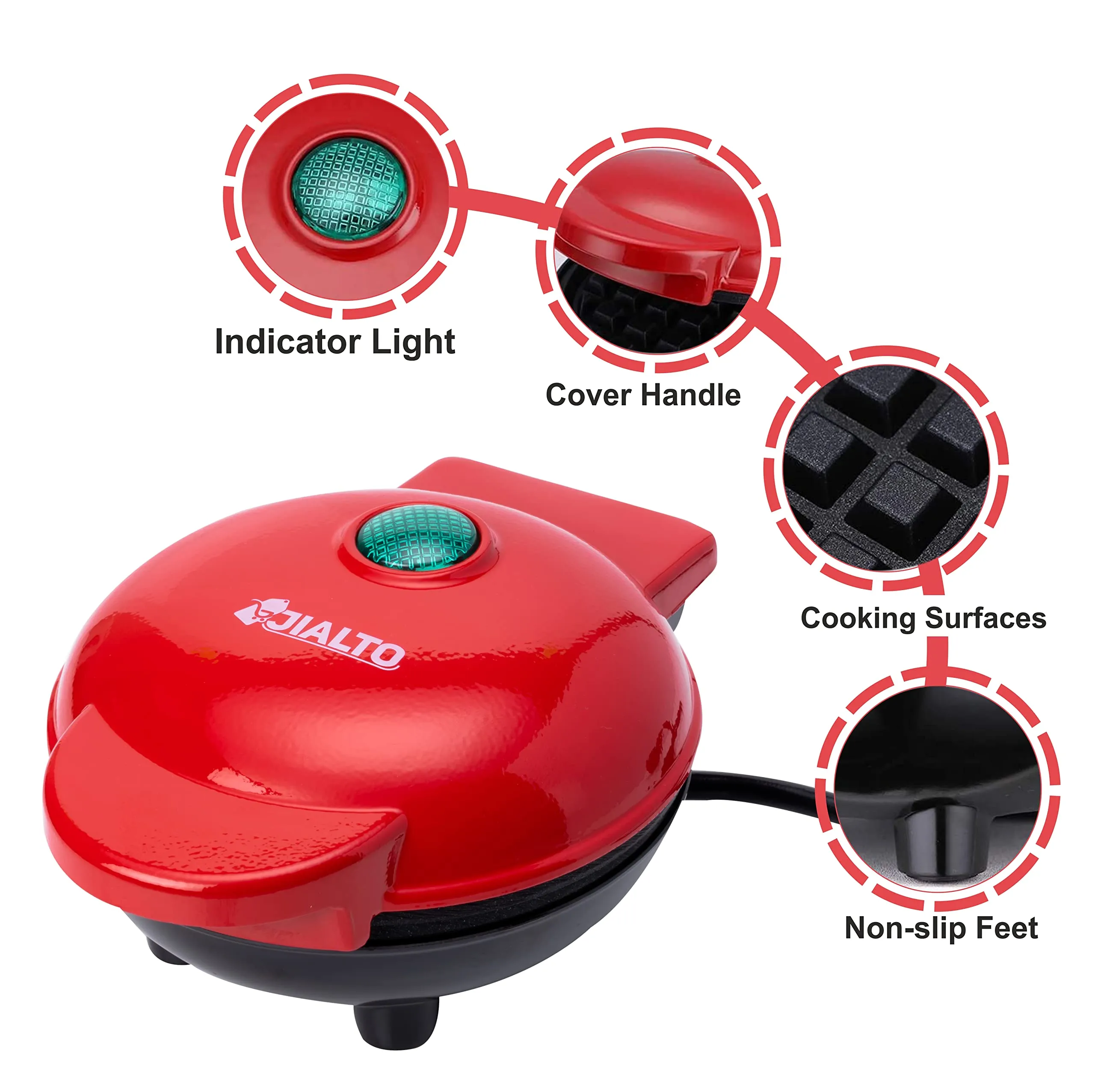 BONIRY Mini Waffle Maker 4 Inch- 350 Watts: Stainless Steel Non-Stick Electric Iron Machine for Individual Belgian Waffles, Pan Cakes, Paninis or Other Snacks (Tangy Red)