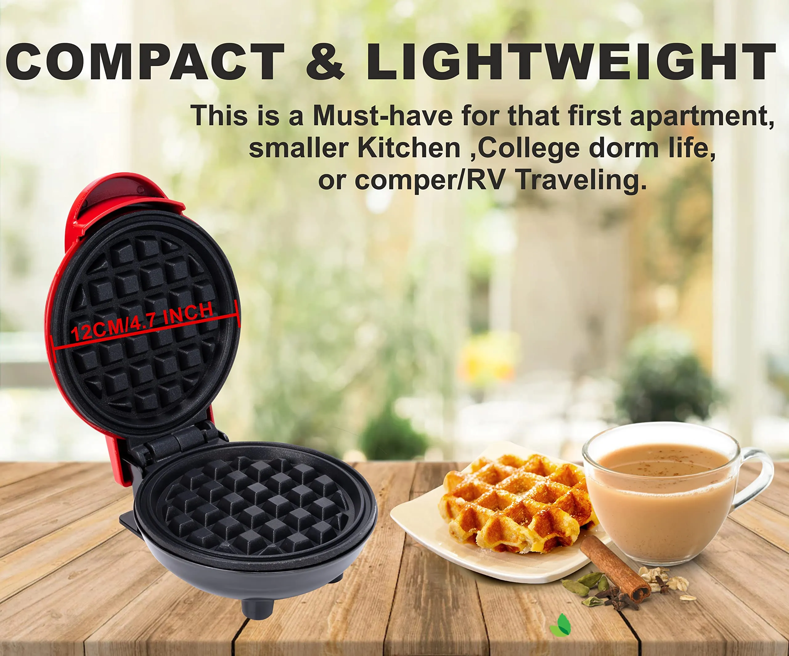 BONIRY Mini Waffle Maker 4 Inch- 350 Watts: Stainless Steel Non-Stick Electric Iron Machine for Individual Belgian Waffles, Pan Cakes, Paninis or Other Snacks (Tangy Red)