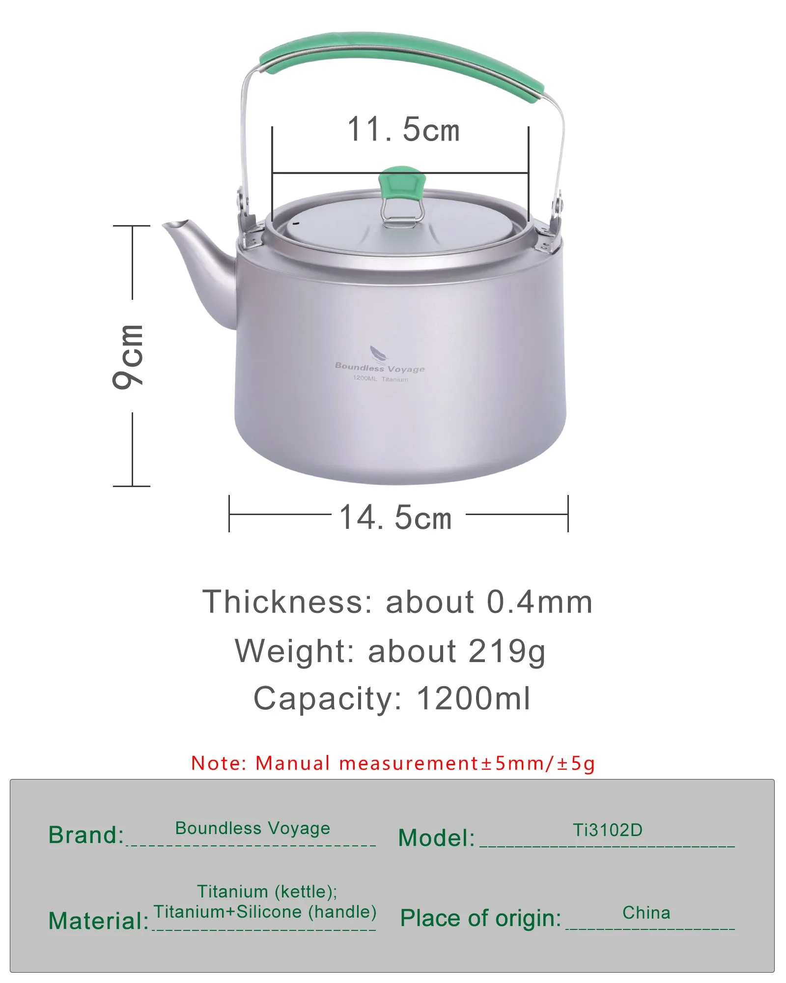 Boundless Voyage 1.2L Camping Titanium Kettle with Folding Handle & Filter Big Capacity Pot Cooking Outdoor Mess Kit Pot