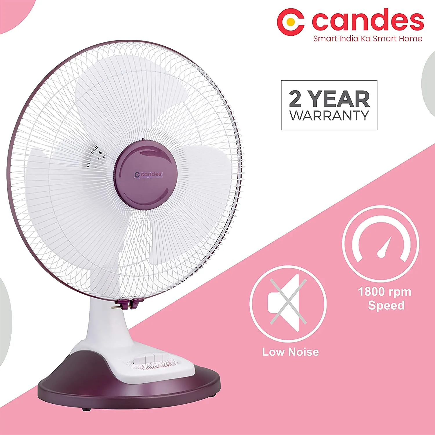 Candes Desker Table Fan for Cooling with Automatic Oscillation (400 MM) 80W (White Cherry)