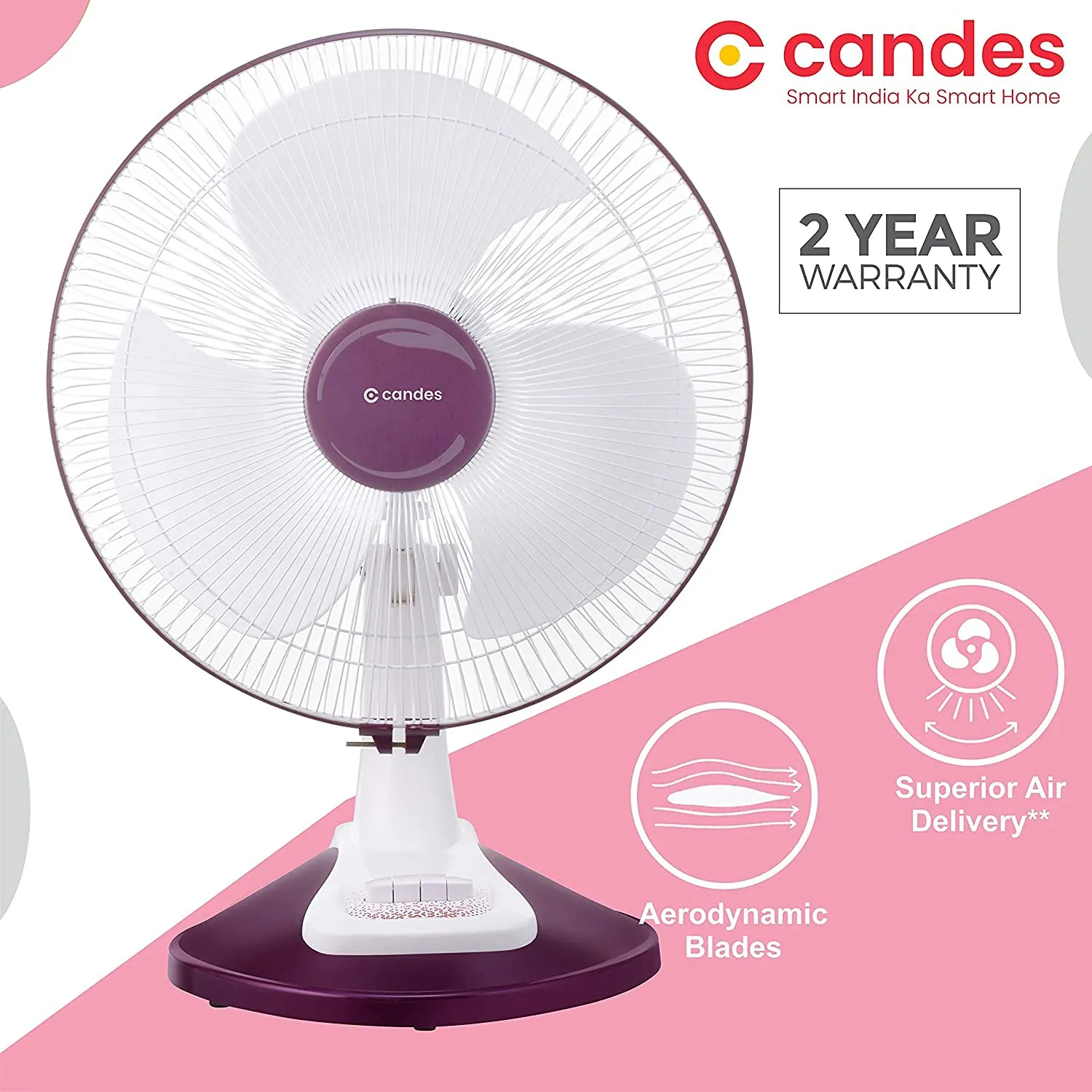 Candes Desker Table Fan for Cooling with Automatic Oscillation (400 MM) 80W (White Cherry)