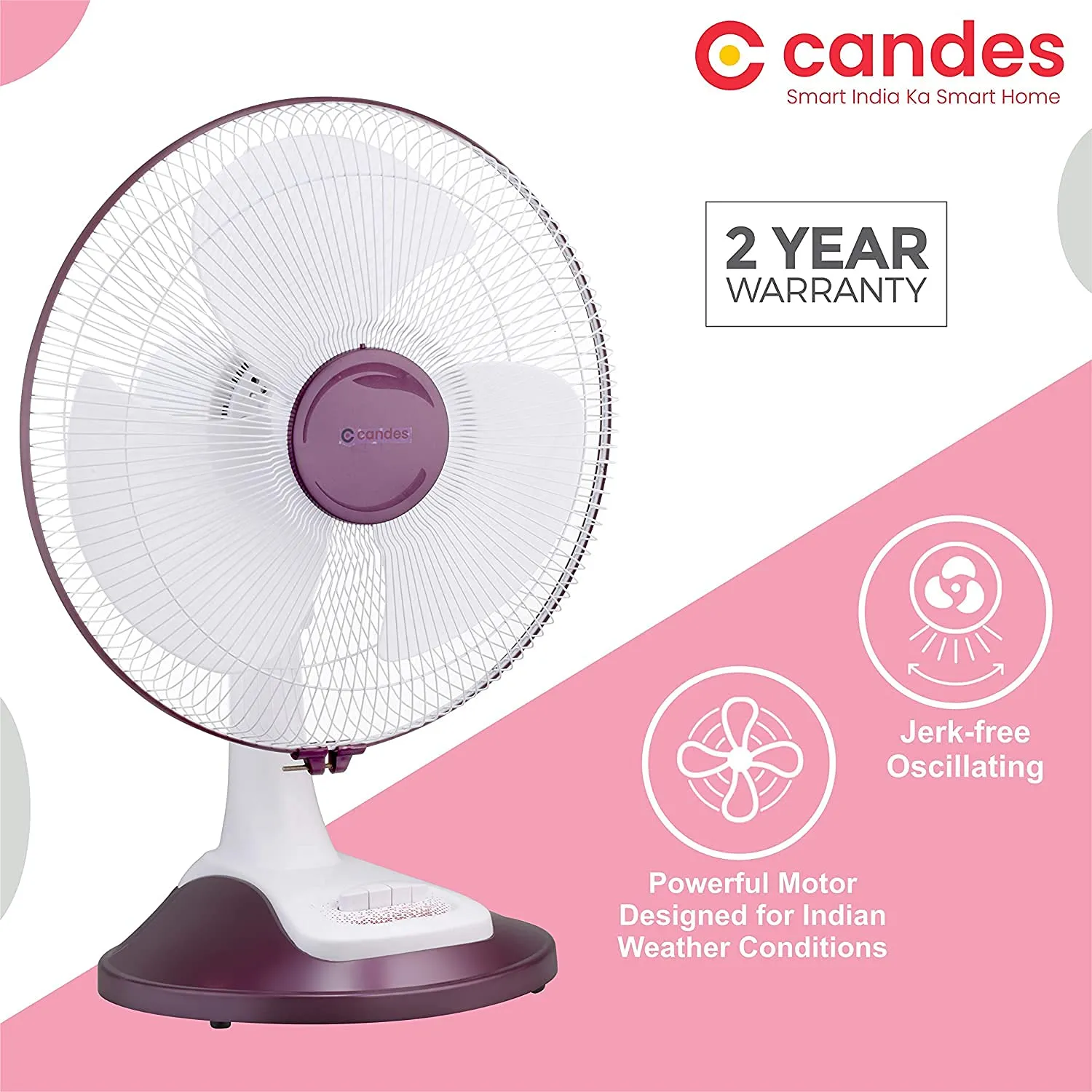 Candes Desker Table Fan for Cooling with Automatic Oscillation (400 MM) 80W (White Cherry)