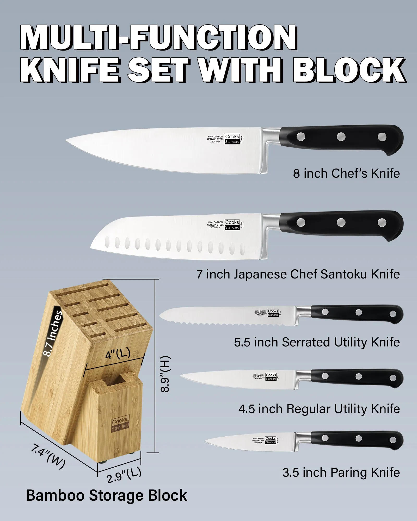 Cooks Standard 6-Piece Stainless Steel Knife Set with Expandable Bamboo Block for Extra Slots