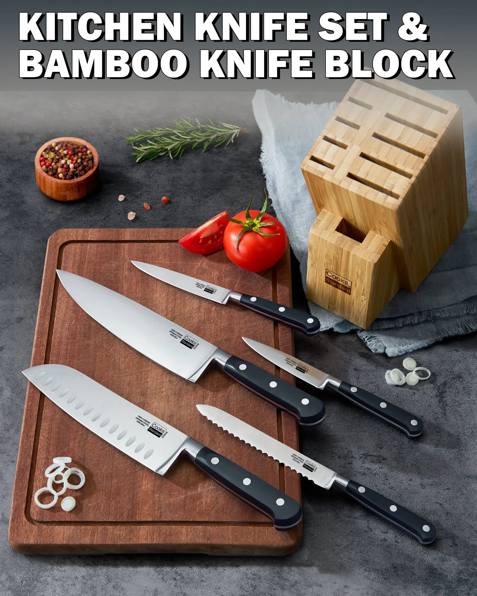 Cooks Standard 6-Piece Stainless Steel Knife Set with Expandable Bamboo Block for Extra Slots