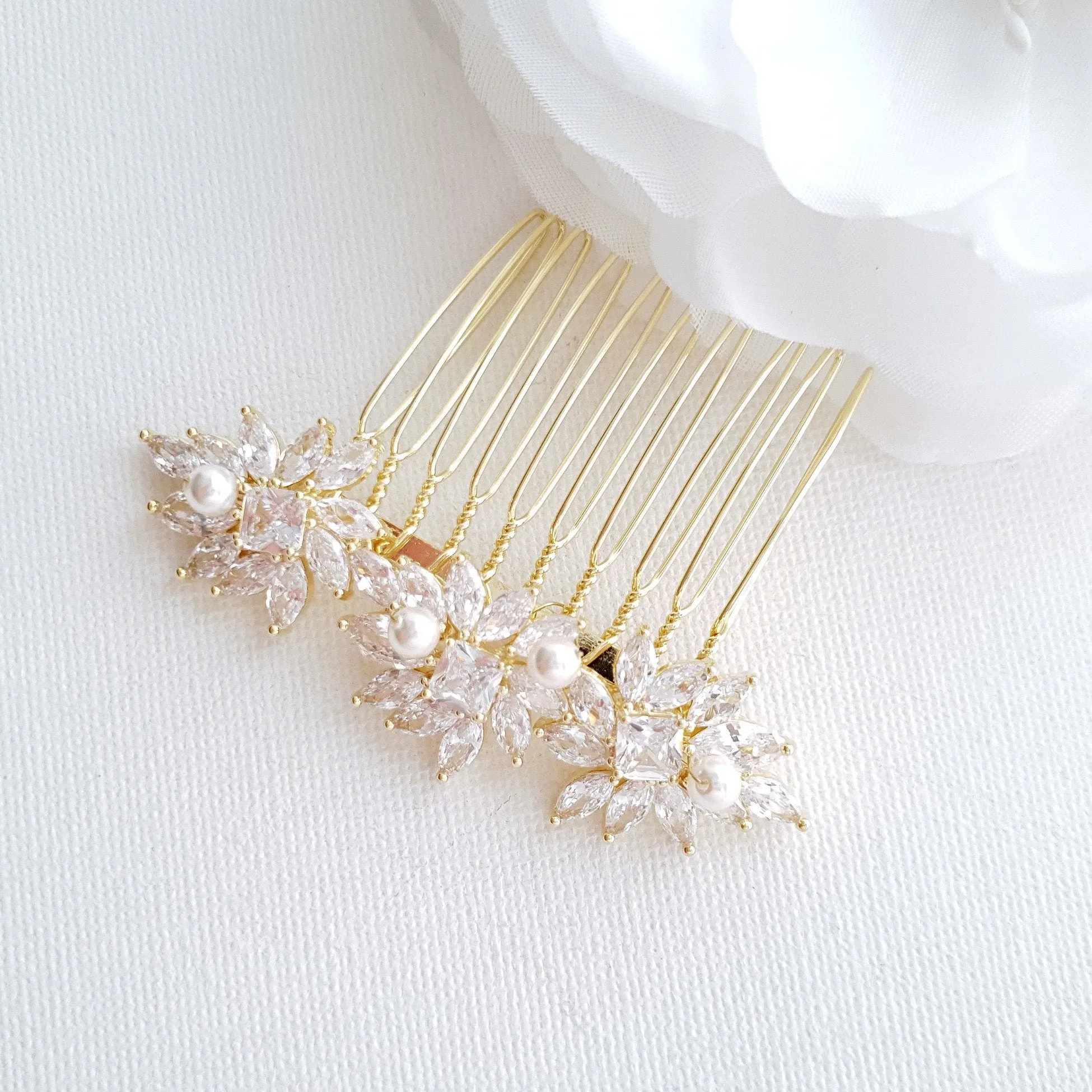 Crystal Flower Gold Hair Comb for Weddings-Bridget