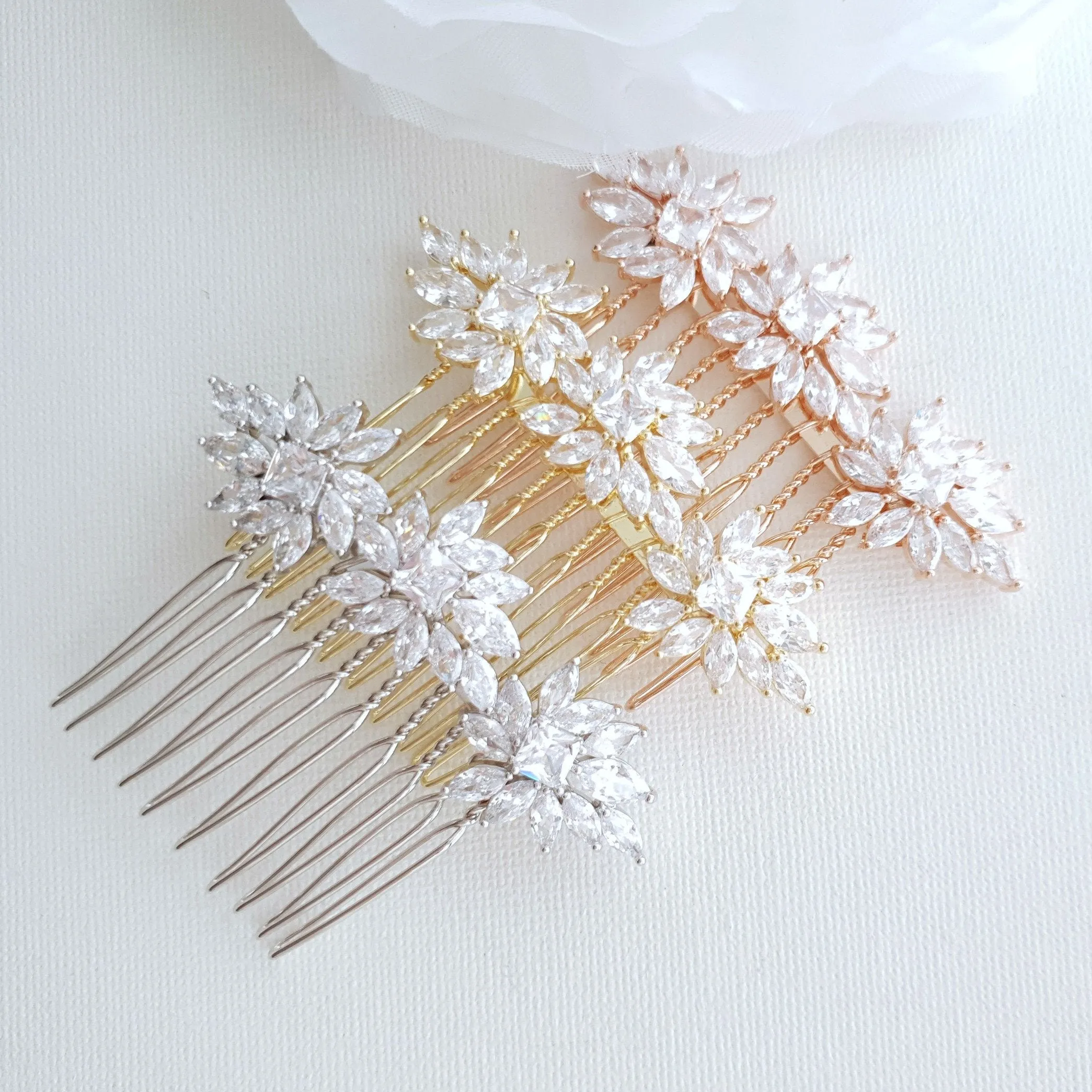 Crystal Flower Gold Hair Comb for Weddings-Bridget