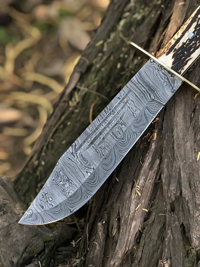 Custom Handmade 15-Inch Damascus Steel Bowie Knife with Stag Handle and Brass Guard