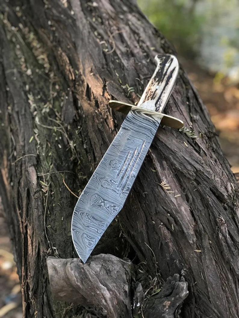 Custom Handmade 15-Inch Damascus Steel Bowie Knife with Stag Handle and Brass Guard