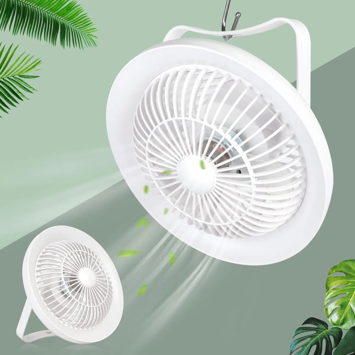 Depuley Portable Desk Fan with LED Light, 8" Small Desk Fan for Hanging or Tabletop Use, 4000mAH Outdoor Small Fan Rechargeable Quiet Camping USB Desk Fan with 3 Speeds