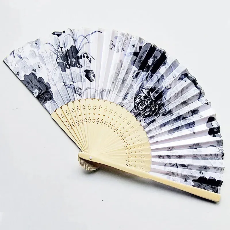 Elegant Bamboo Bone Cloth Hand Fans with Floral Print for Weddings, Parties, and Dance Performances