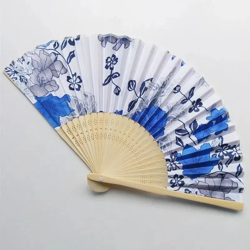 Elegant Bamboo Bone Cloth Hand Fans with Floral Print for Weddings, Parties, and Dance Performances