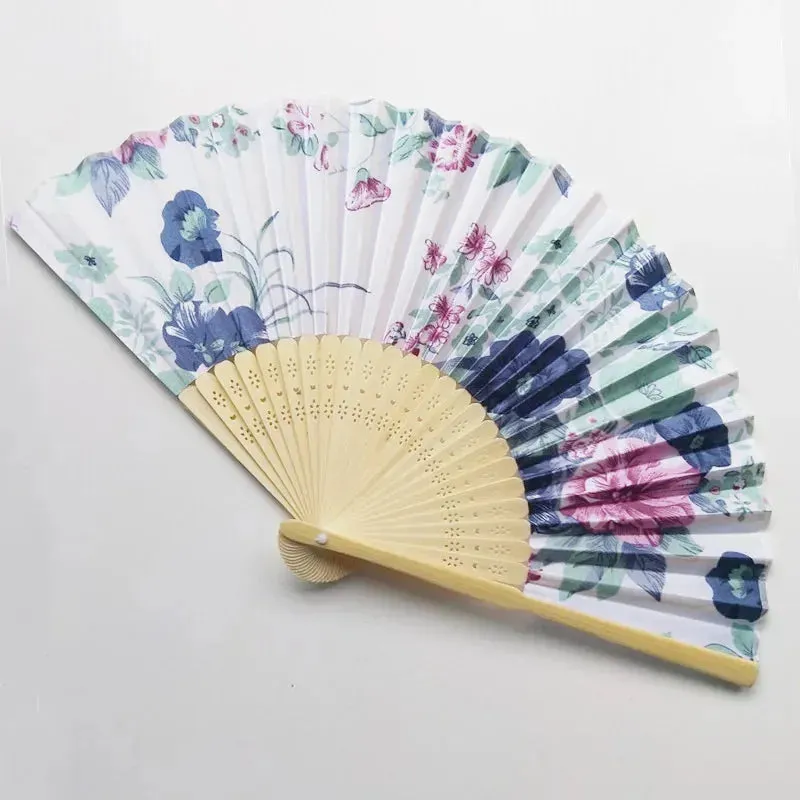 Elegant Bamboo Bone Cloth Hand Fans with Floral Print for Weddings, Parties, and Dance Performances