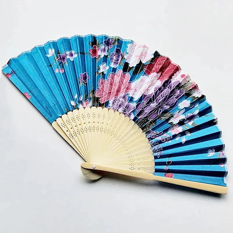 Elegant Bamboo Bone Cloth Hand Fans with Floral Print for Weddings, Parties, and Dance Performances